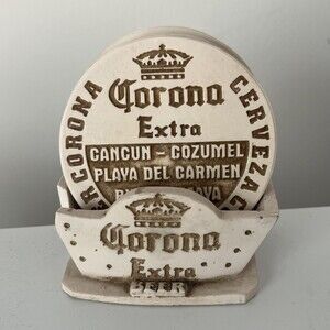 Corona Extra Beer Ceramic Stoneware Coasters w/h Holder Set of 5 Man Cave Decor
